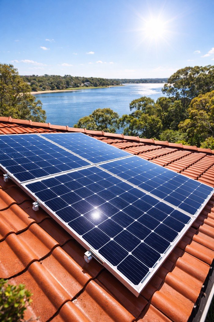 Clean solar panels on a tiled roof overlooking the Peel estuary on a sunny day