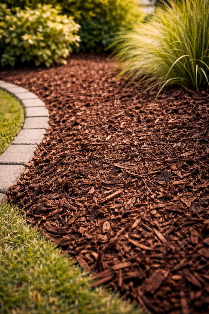 Freshly mulched garden bed with clean paver edging after a property tidy-up